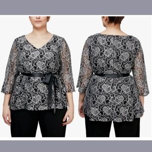 NEW Alex Evenings [ PLUS 2X ] Embroidered Lace‎ 3/4 Sleeve Top in BlacK